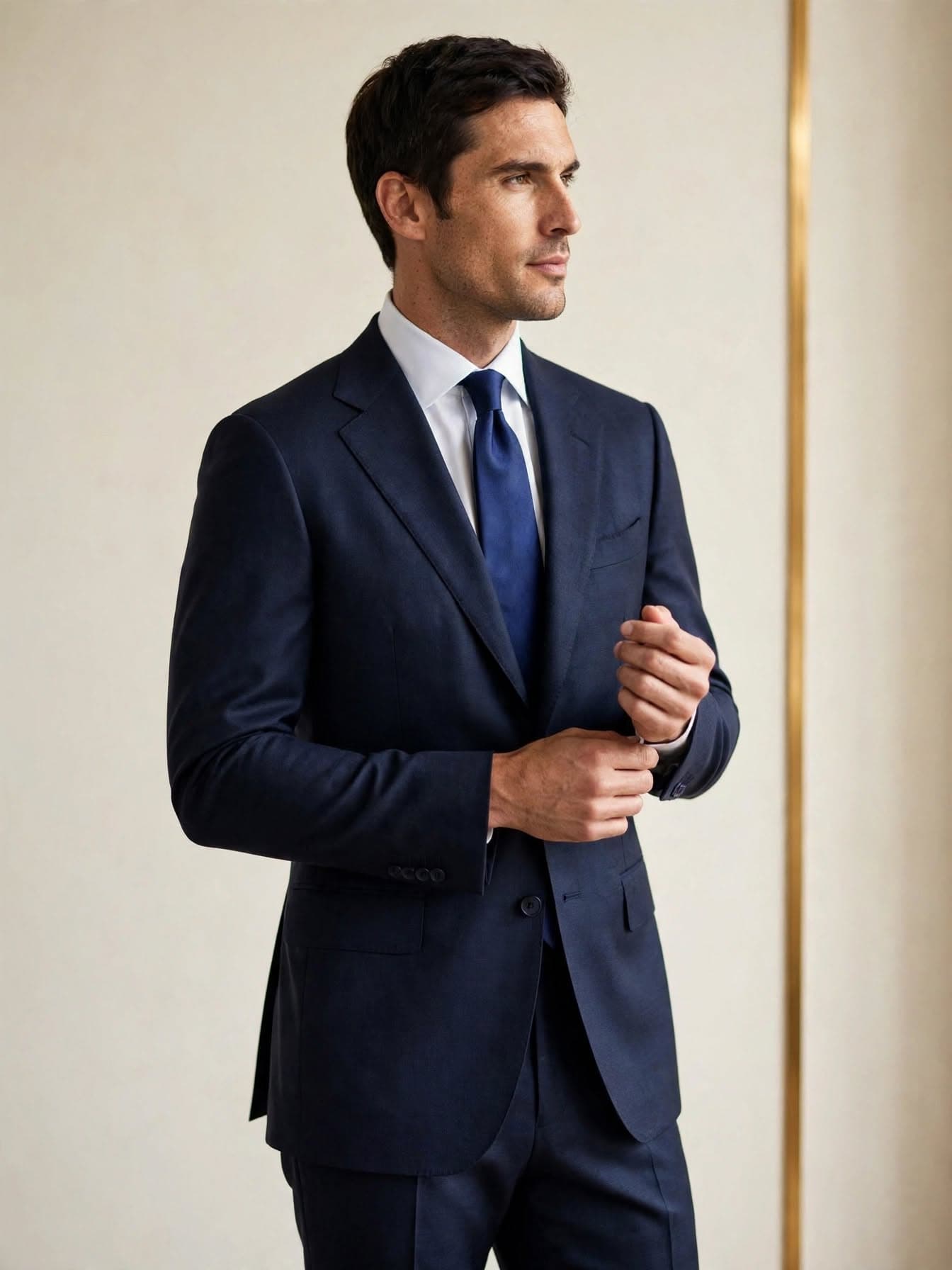 Man in a tailored navy business suit
