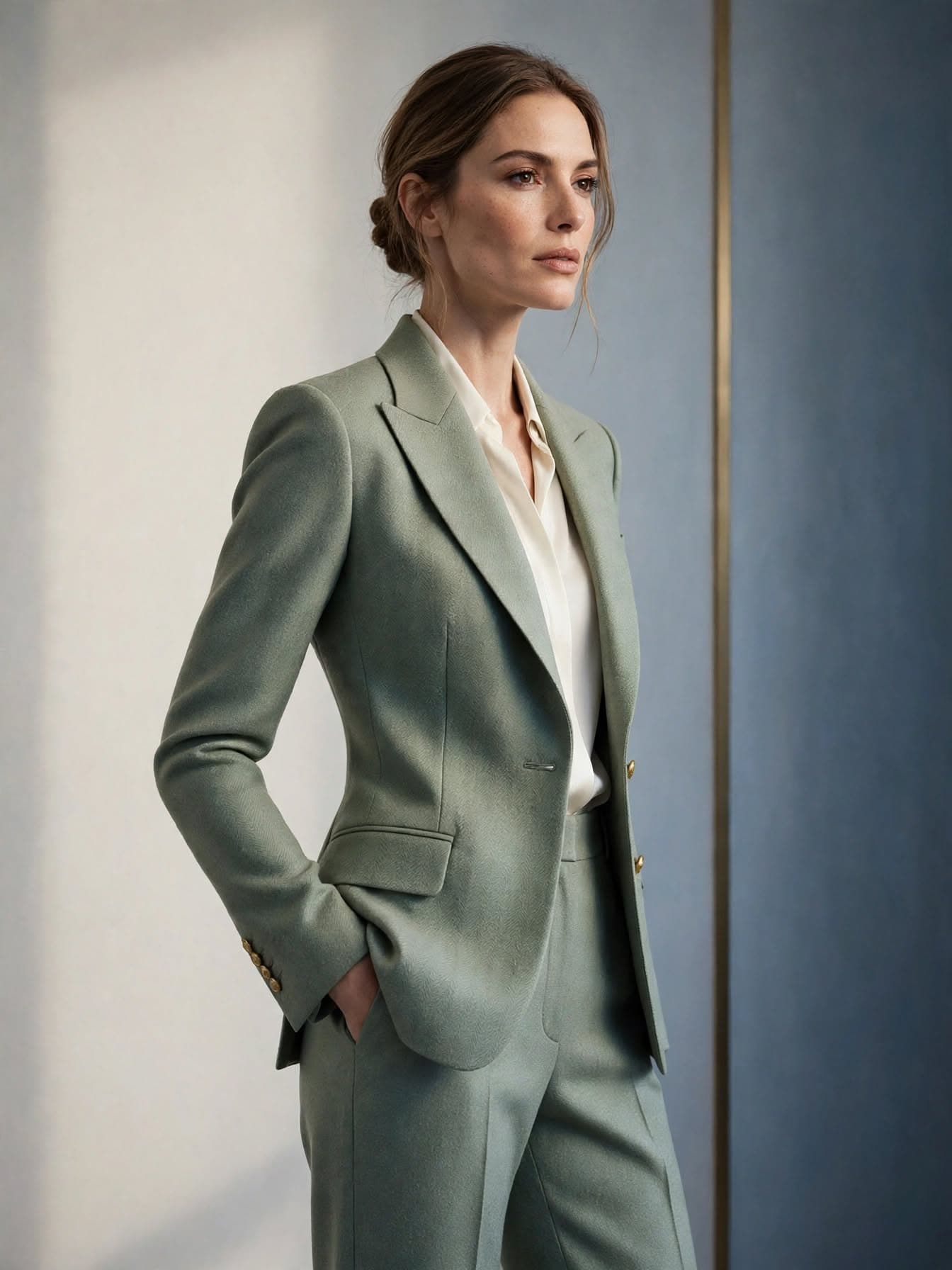 Woman in a tailored sage-green trouser suit
