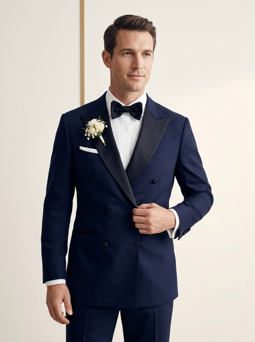 Groom in a navy shawl-collar tuxedo