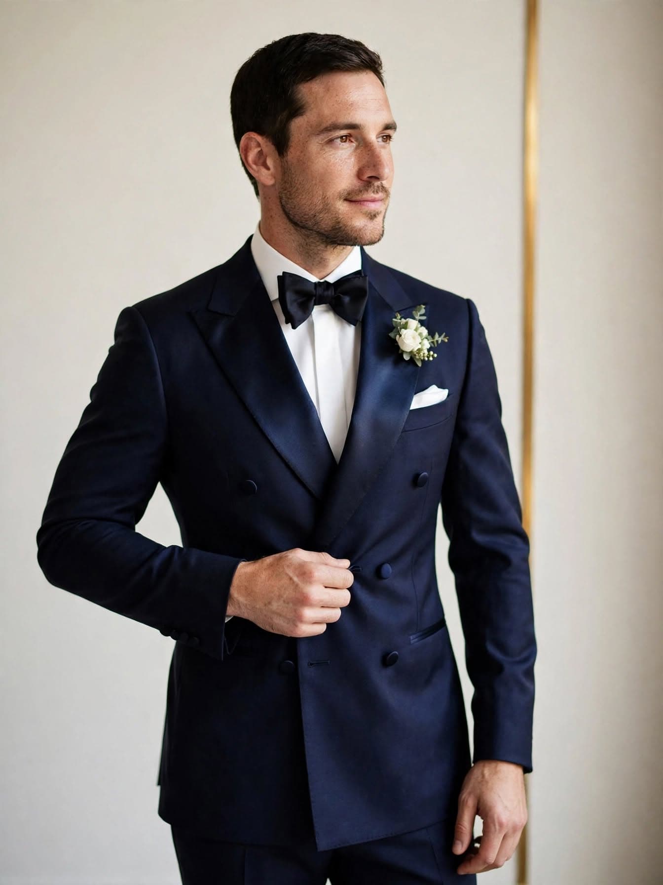 Groom in a navy double-breasted tuxedo